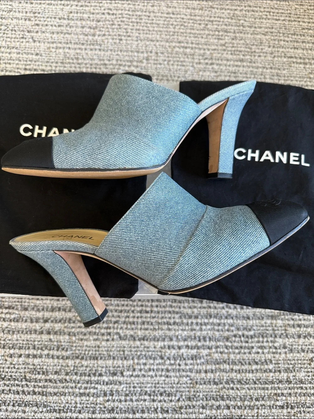 CHANEL Denim Blue and Black Cap-Toe Slip-On Mules